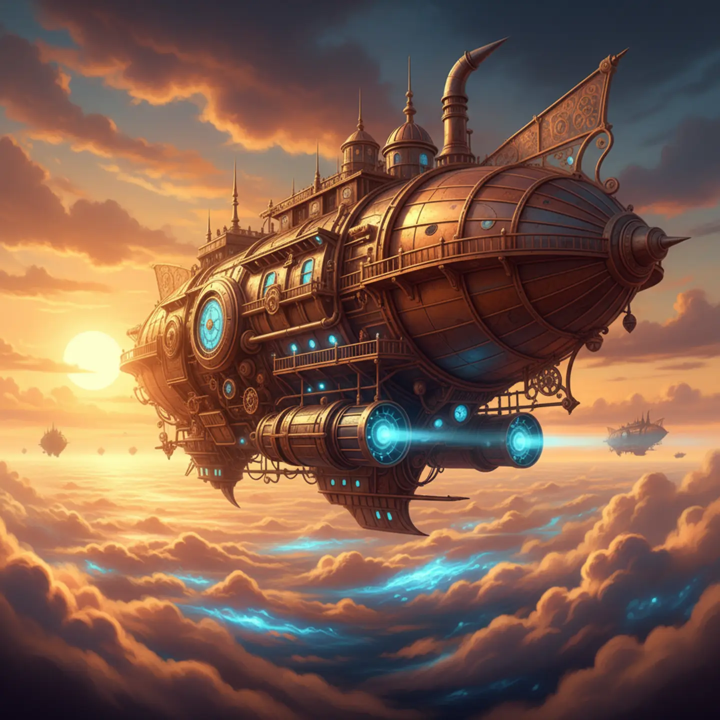 A massive steampunk zeppelin floating above sunset clouds